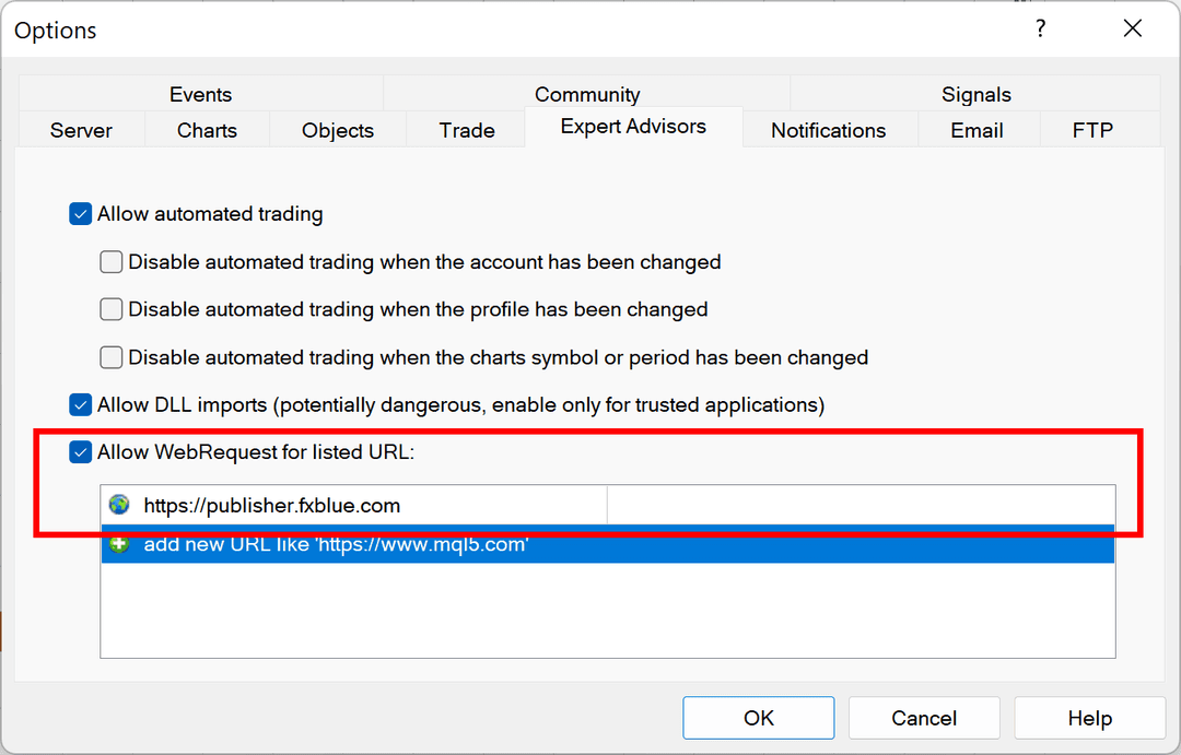 MT4 WebRequest settings