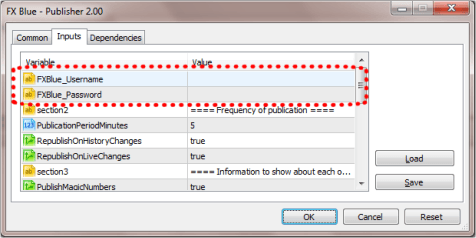 FX Blue Publisher EA MT5 settings input tab